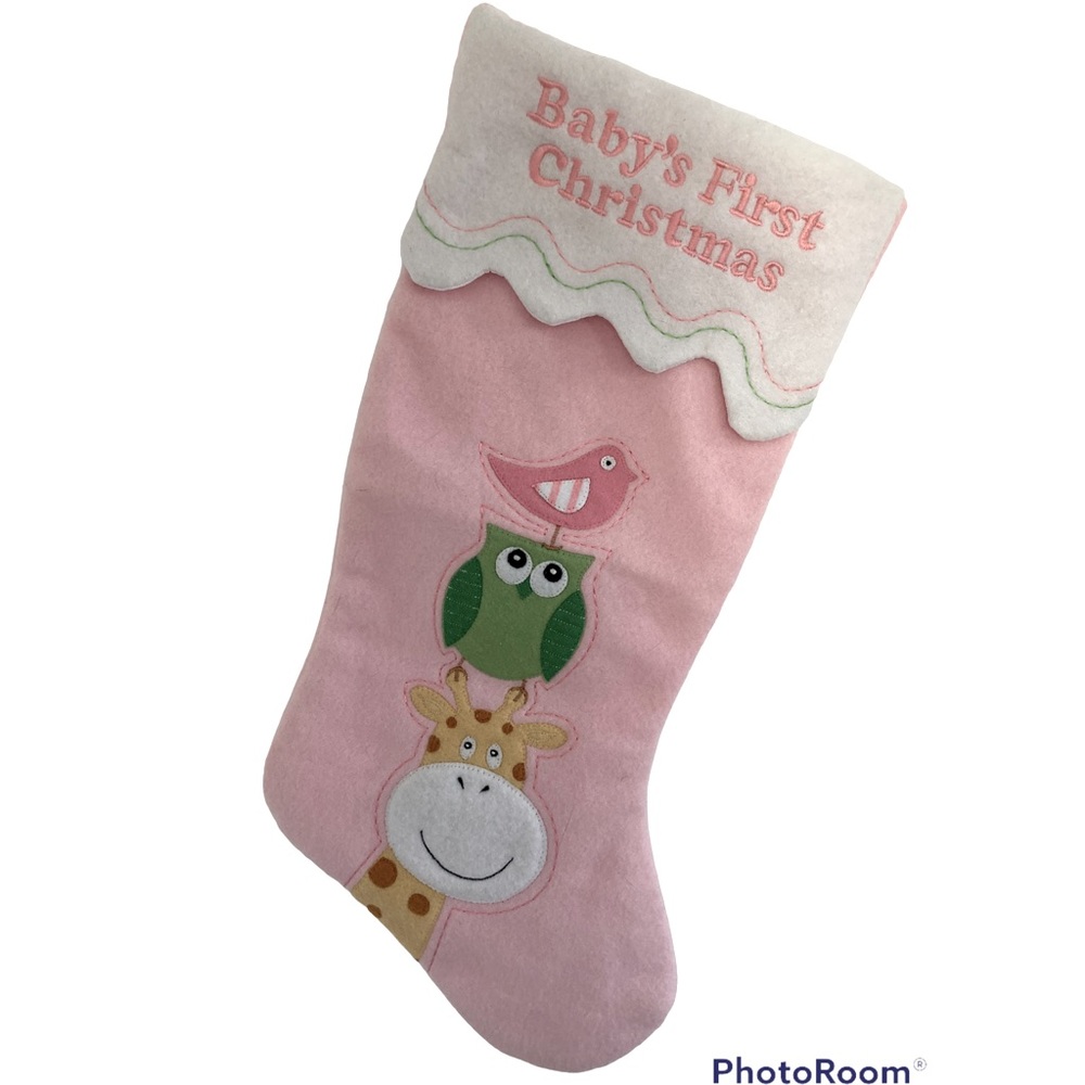 Baby's First 1st Christmas Felt Stocking.  Santa’s Best. Pink with baby animals